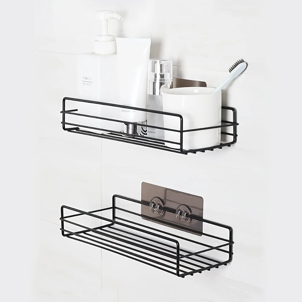Shower Caddy Basket 1pc Adhesive Shower Organizer Basket Rack With 2 Hooks No Drilling Large Capacity Rustproof Stainless Steel Bathroom Holder