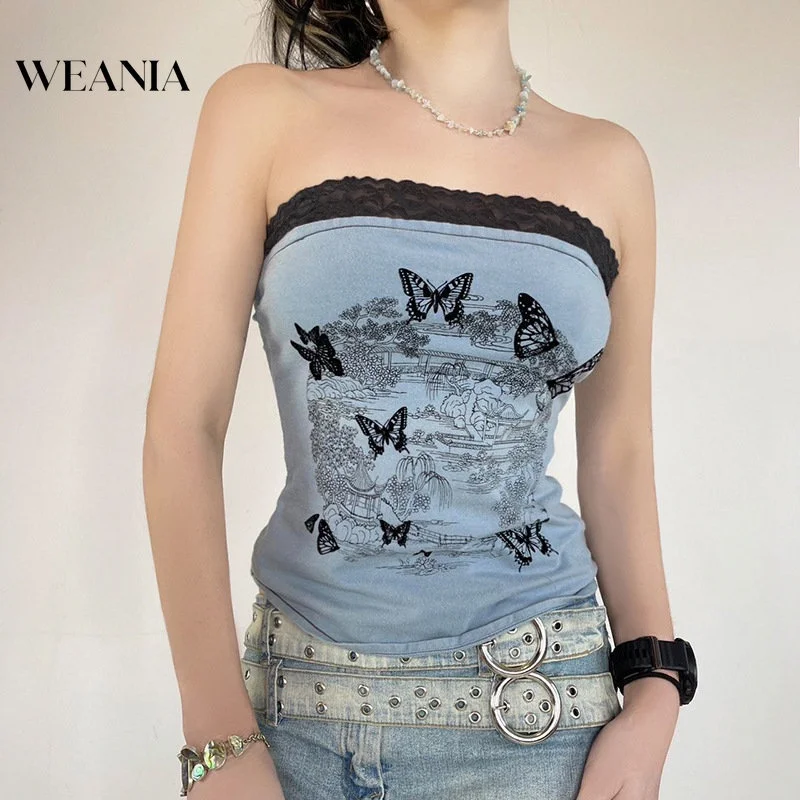 

Women Summer Butterfly Chinese Landscape Print Sexy Ace Patchwork Tube Top