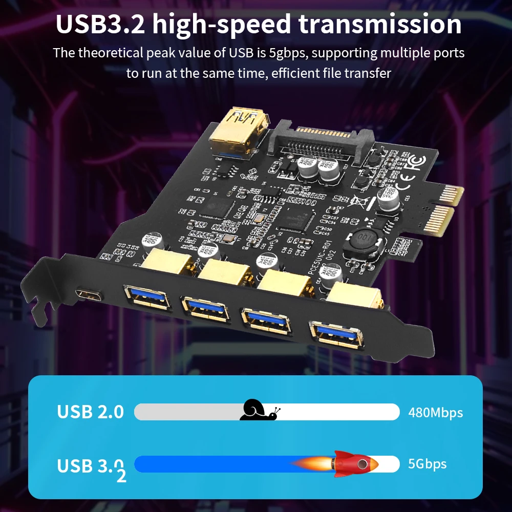 PCIe Expansion Card USB 3.2 PCIE 1X To USB 3.2 19in TYPE-C Gen1 Adapter Multiplier USB3.2 PCI E Controller 5Gbps