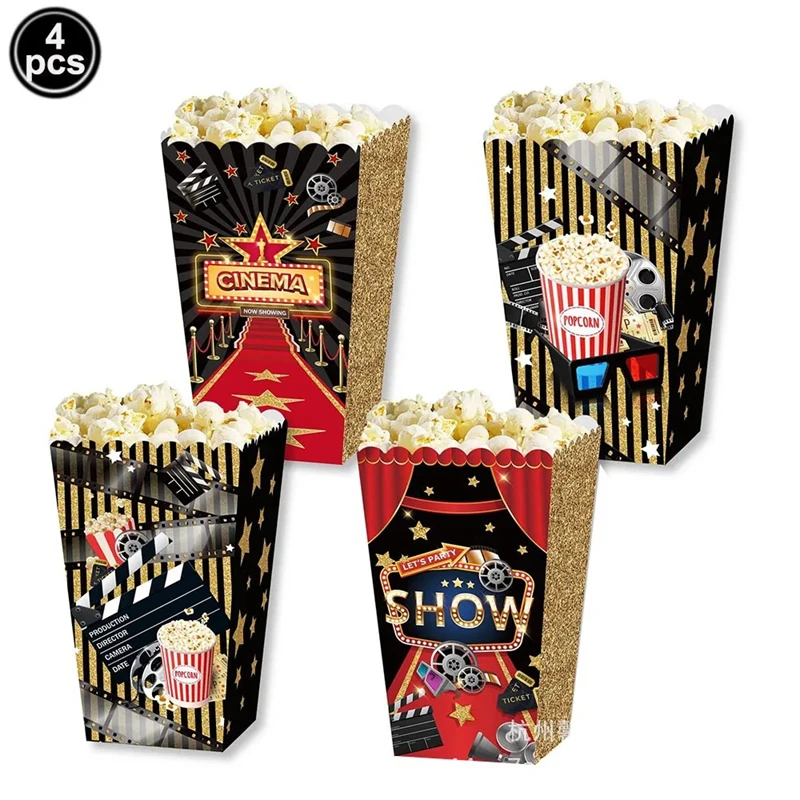 4/8Pcs Movie Night Party Popcorn Box Cinema Party Paper Popcorn Snack Buckets Trays Movie Themed Birthday Decoration Supplies
