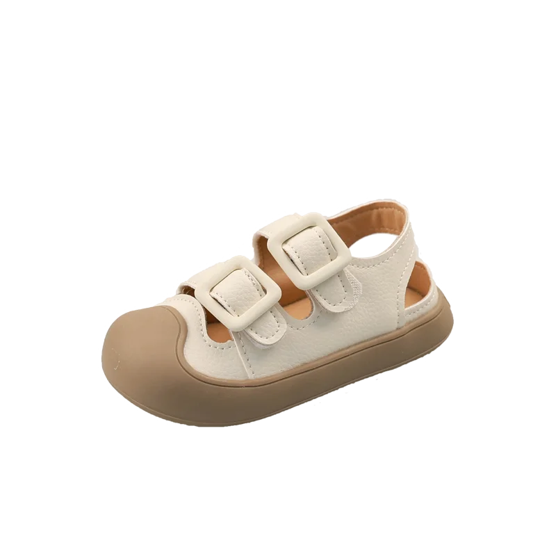 

2024 Summer New Children Leather Sandals for Girls Cut-outs Fashionable Breathable Soft Sole Anti-kick Casual Cool Beach Shoes