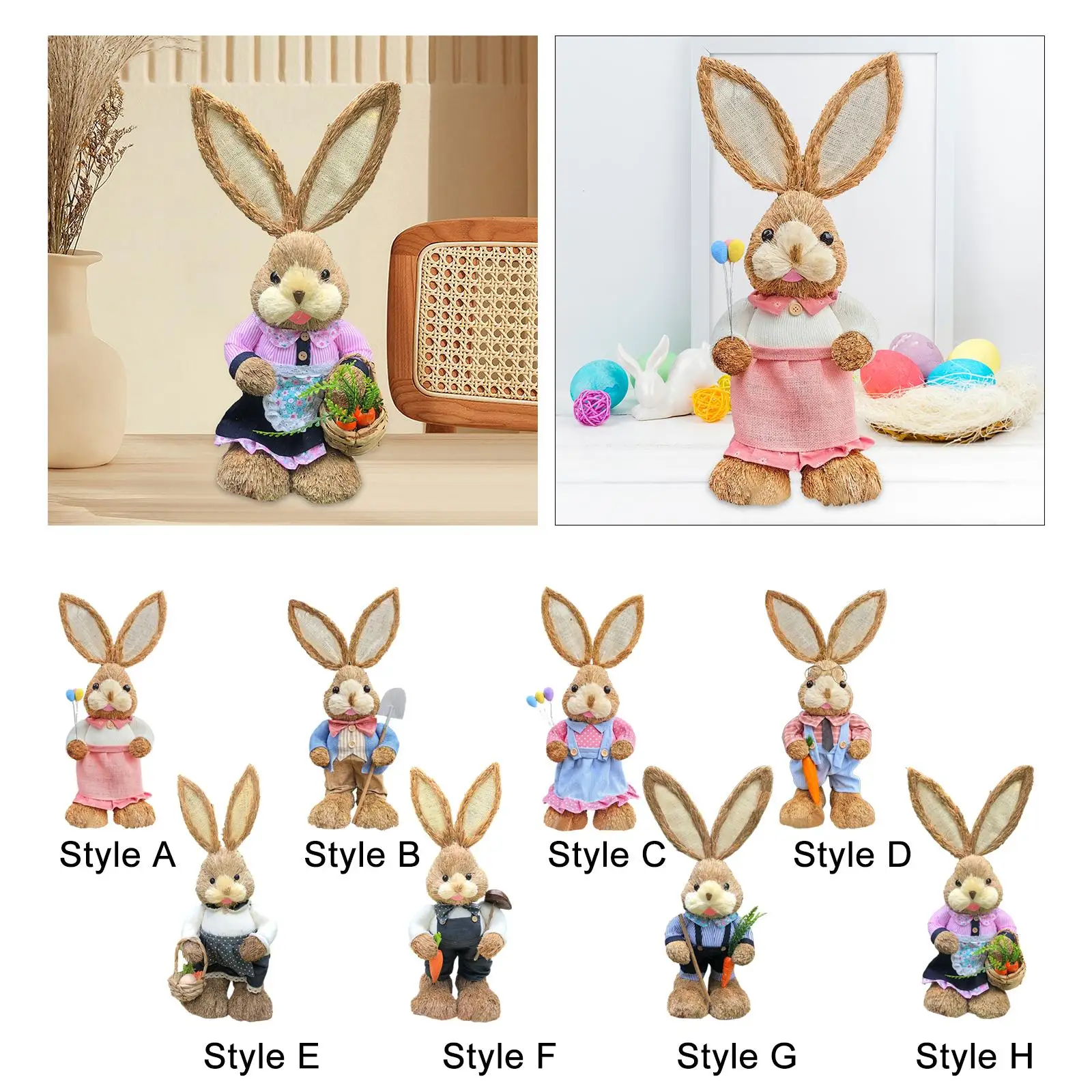 Straw Easter Bunny Figurine Decorative Standing Statue Animal Sculpture