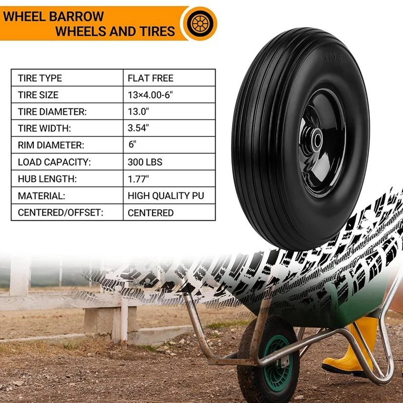 13Inch Wheelbarrow Tires 4.00-6 Flat Free Tire And Wheel, For Wheelbarrows Garden Wagon Cart Wheel