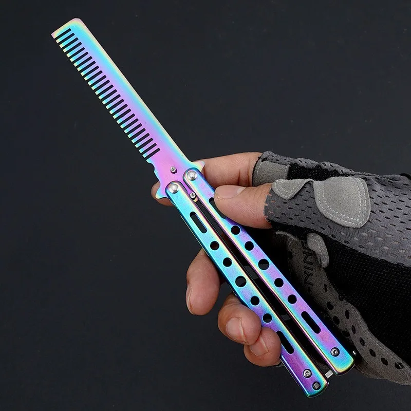 Foldable Comb Stainless Steel Practice Training Butterfly Knife Comb Beard Moustache Brushe Salon Hairdressing Styling black new 5
