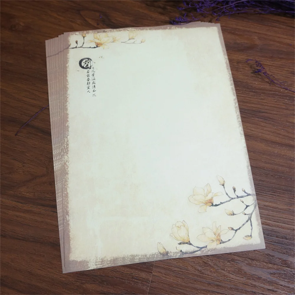 80Pcs Paper Letter Set Chinese Style Souvenirs Gifts Writing Vintage Retro Ancient Ink Painting Magnolia Flower Storage