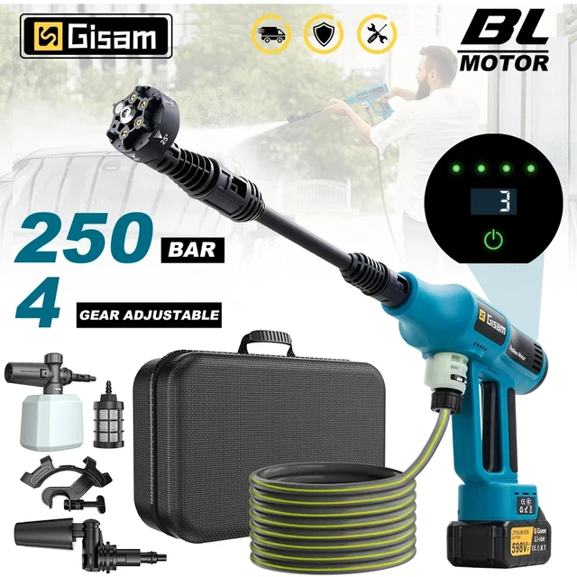 Pistolet de lavage haute pression électrique sans balais Gisam 250 bars, 4 vitesses, pour le lavage domestique et automobile, compatible avec batterie Makita 18V 1
