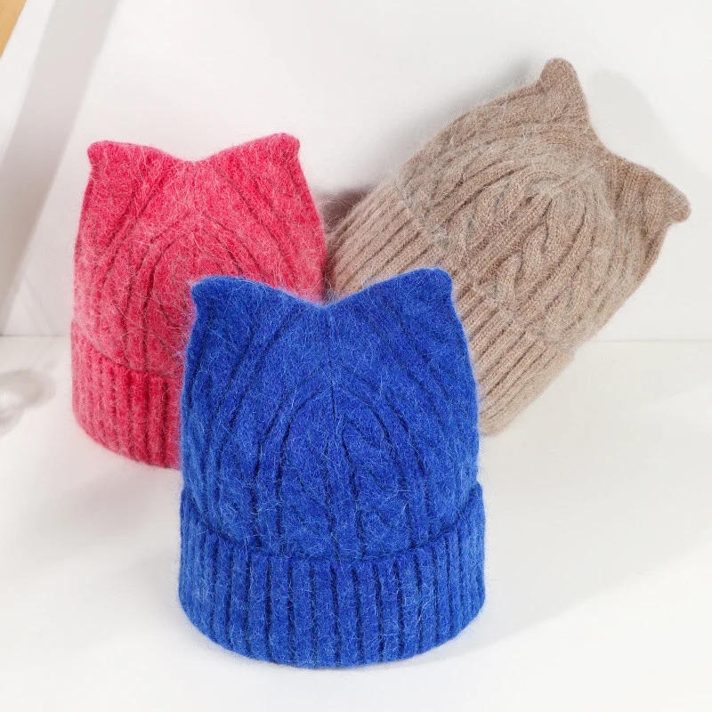 

Wool Hat Beanie Skullies Rabbit Fur Ear Cute Thick Solid Outdoor Keep Warm Dome Knitted Hat Winter Hats for Women шапка женская