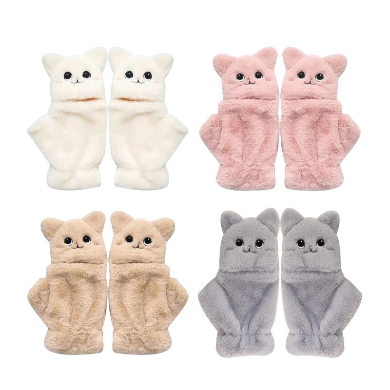 

Y166 Women Winter Flip Gloves Convertible Mittens Thick Cat Plush Half Finger Gloves with Cover Flip Half Finger Gloves