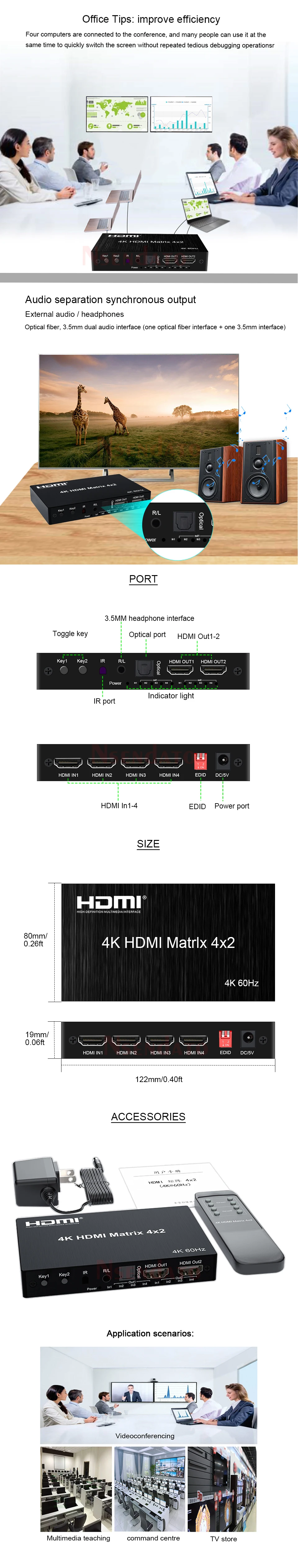 4K 60Hz Switch HDMI True Matrix 4x2 4 in 2 out HDMI Matrix Switch Splitter Conve