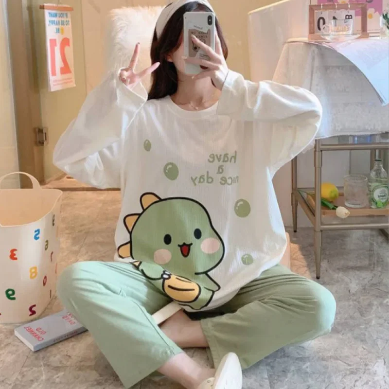thumbnail image 1 of Conjuntos de pijamas para mujer, primavera otoño, camiseta de manga larga + pantalones, traje de 2 piezas, ropa de dormir de dibujos animados para mujer, ropa informal para el hogar, 1 of 5