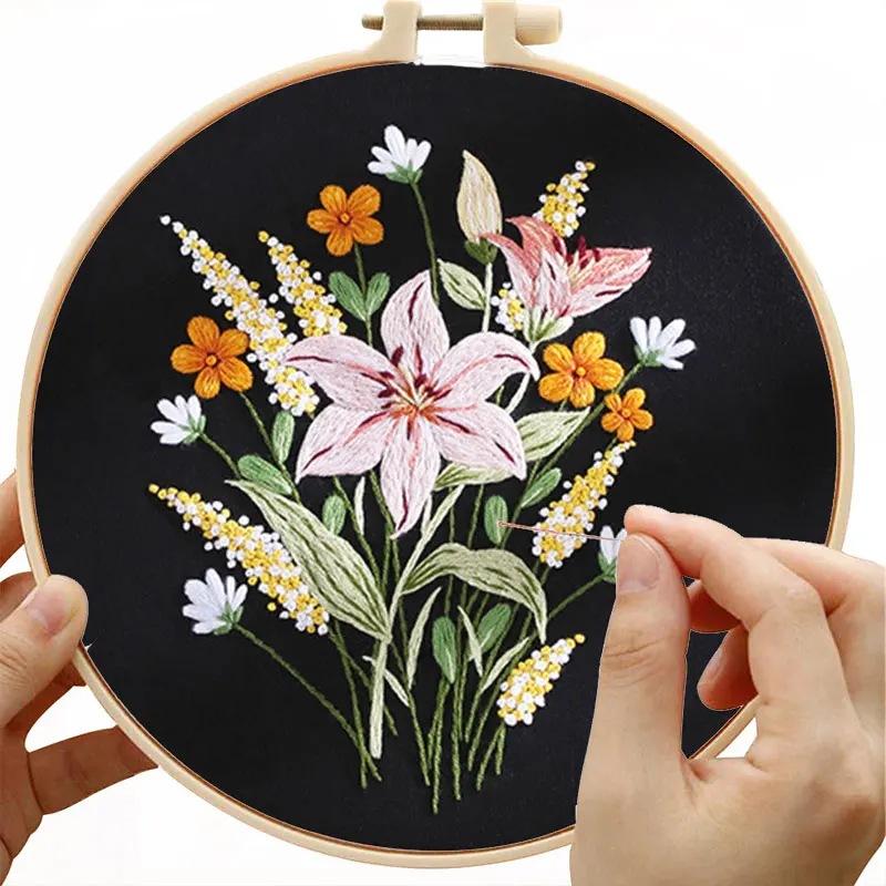 Embroidery Kit For Beginner Canvas Tote Bag flower Pattern Cross Stitch Kits Stamped Embroidery Bag Hoops Needle