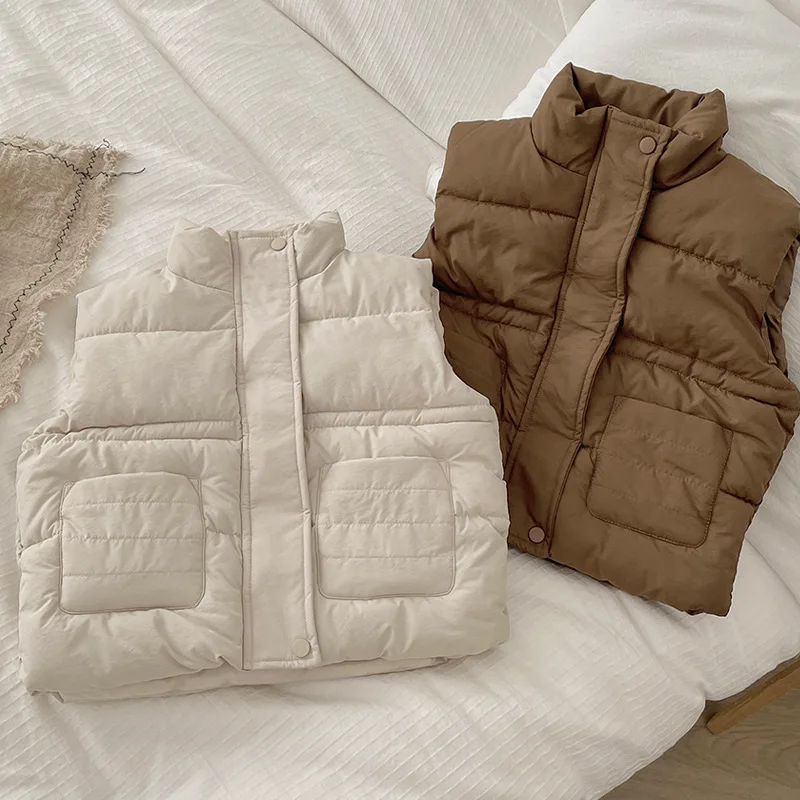 2026 가을 겨울 아동 다운 코튼 조끼 키즈 민소매 지퍼 재킷 코트 십대 남아 여아 단색 스탠드 칼라 조끼