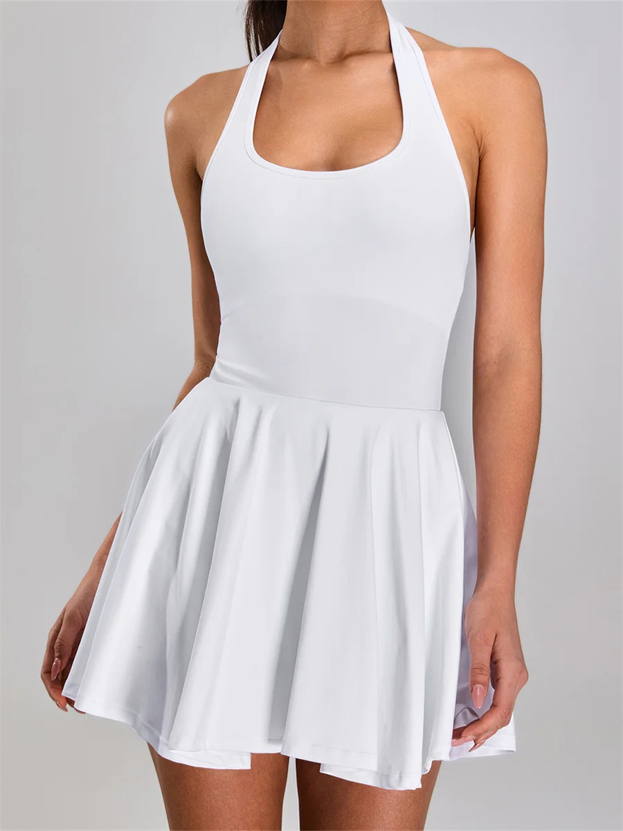 Summer Sleeveless Halter Slim Tennis Dress Women Sexy 2-in-1 Hollow Backless Golf Sports Dresses Outdoor Running Fitness Skirt
