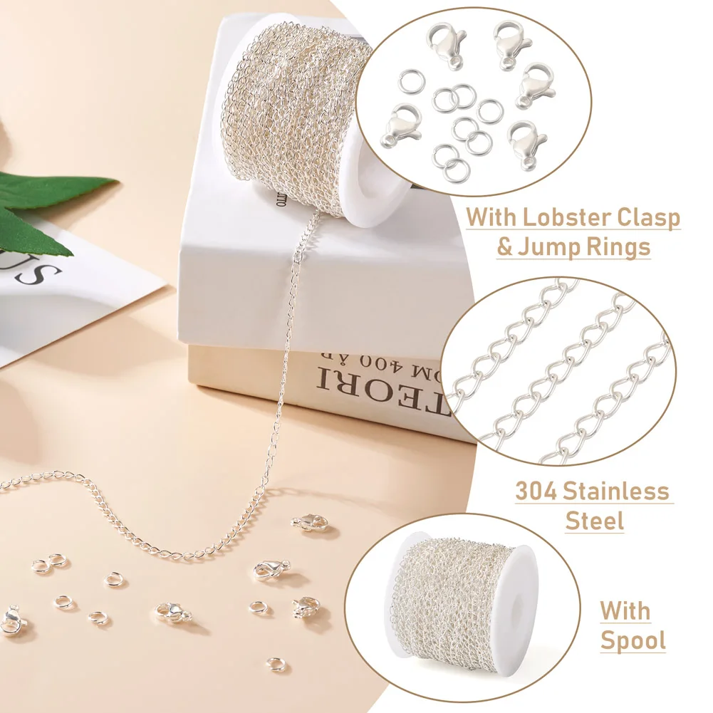 10m 304 Stainless Steel Curb Link Chains With Jump Rings Lobster Clasps for DIY Jewelry Making Accessories