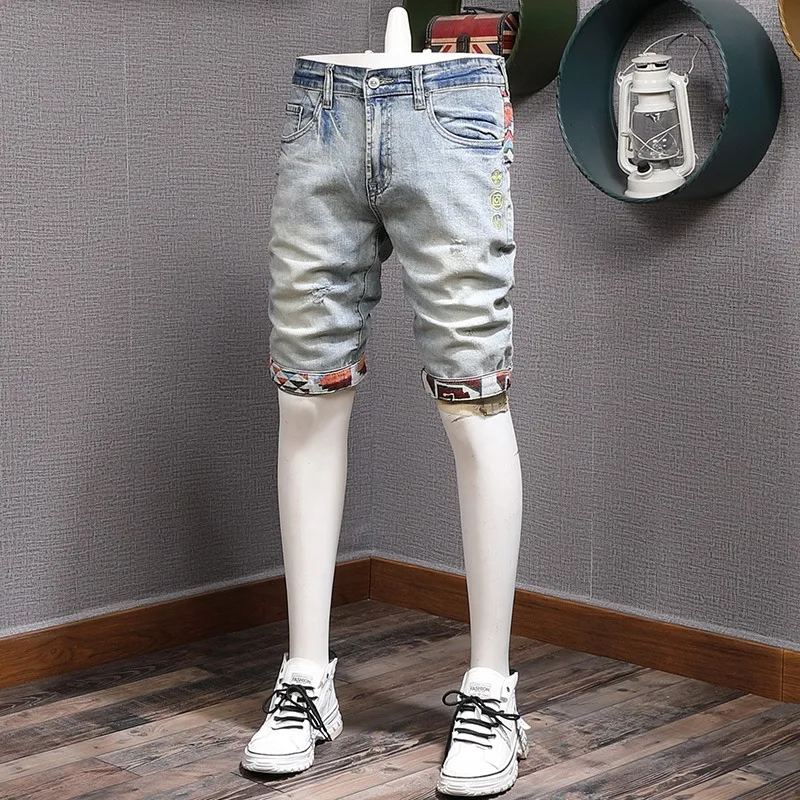 Ripped Denim Shorts Men Fashion Plaid Patchwork Short Jeans Streetwear Casual Light Blue Cotton Straight Pants