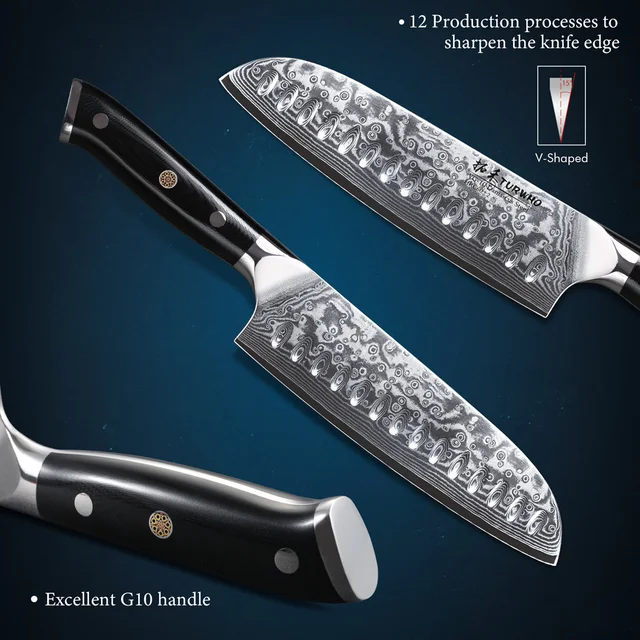 TURWHO 7 "Coltello Santoku in stile giapponese Acciaio di Damasco Coltello da cuoco professionale Affettare Mannaia Manzo Utensili da cucina da cucina 4