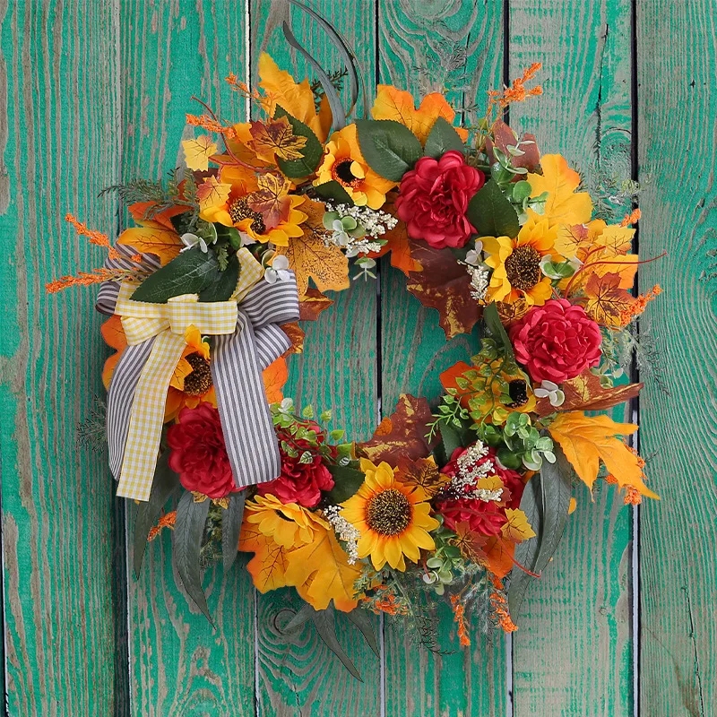 

40cm Sunflower Wreath Country French Wreath Fake Flower Welcome Sign Garland Artificial Hanging Front Door Decor for Home Party