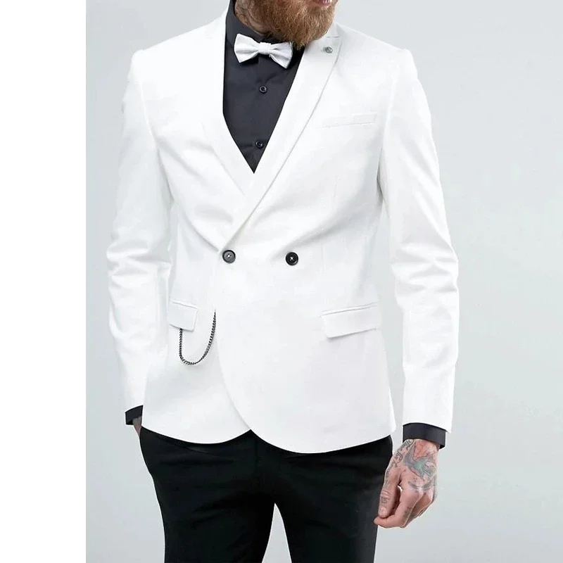 

White Jacket Black Pants Formal Wedding Men Suit Groom Tuxedo Double Breasted Slim Fit Blazers High Quality Custom 2 Piece Set