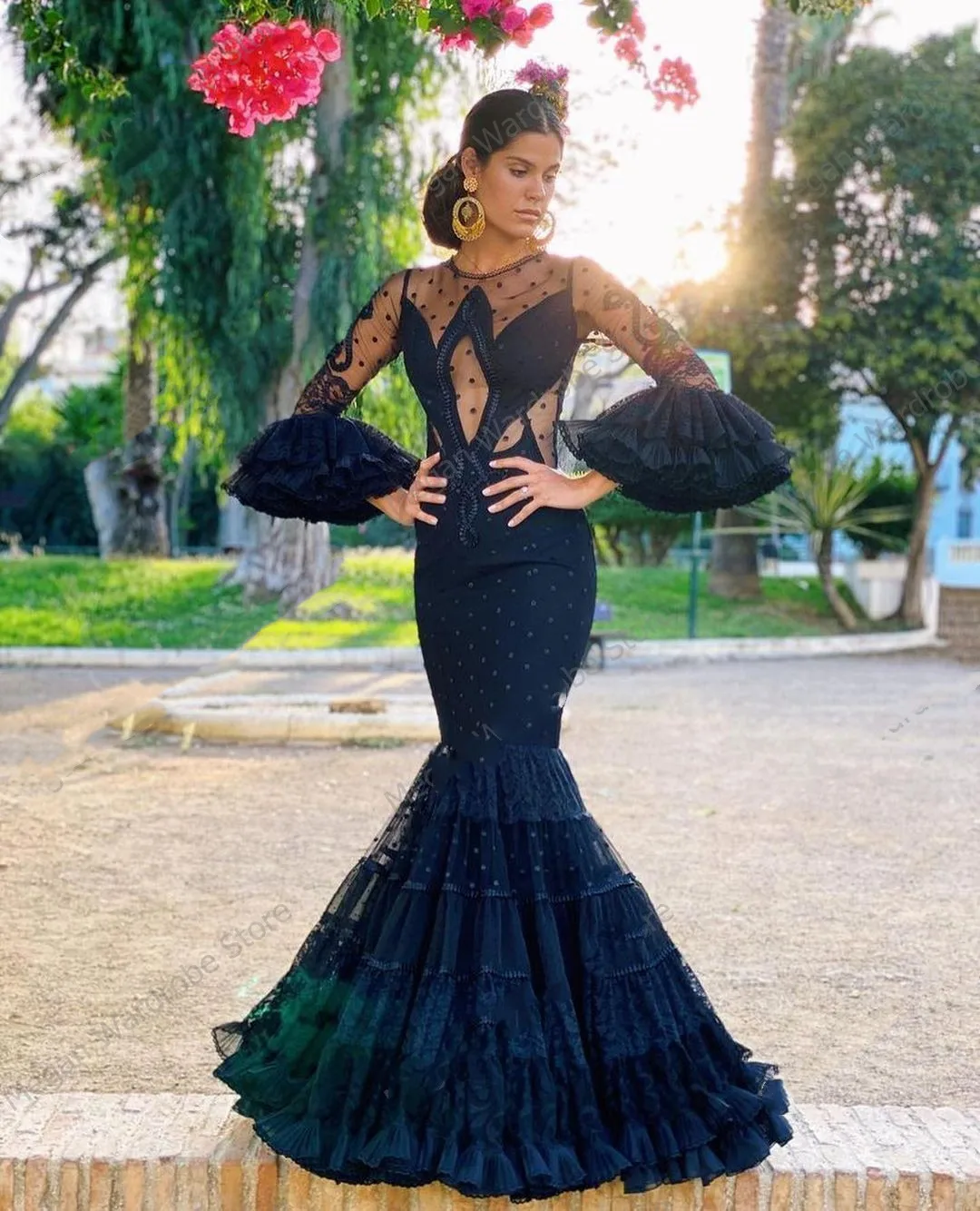 Black Polka Dots Tulle Mermaid Prom Dresses Women Spanish Flamenco Style  Long Sleeve Illusion Mesh Evening Dress - AliExpress