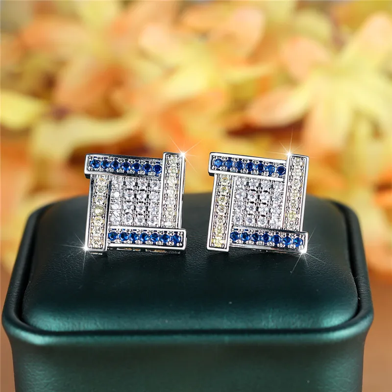 Female Crystal Blue Square Stud Earrings Vintage Silver Color Wedding Fashion Jewelry For Women