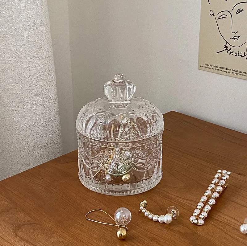 Glass Jewelry Holder Crown Design Trinket Treasure Chest Storage Organizer Earrings/Necklace/Ring Holder Case for Girls Women
