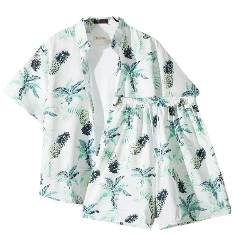 Short sleeved floral Hainan island beach suit Sanya summer majestic style Thai tourist men's couple summer thin set streetwear