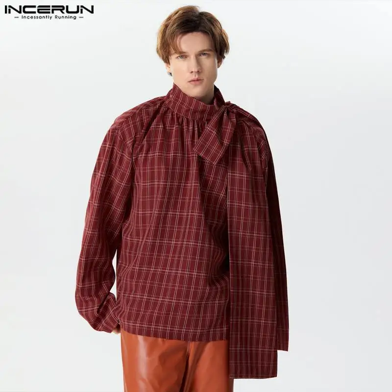 

2024 Men's Plaid Shirt Turtleneck Long Sleeve Loose Fashion Casual Men Clothing Streetwear Lace Up Leisure Camisas S-5XL INCERUN