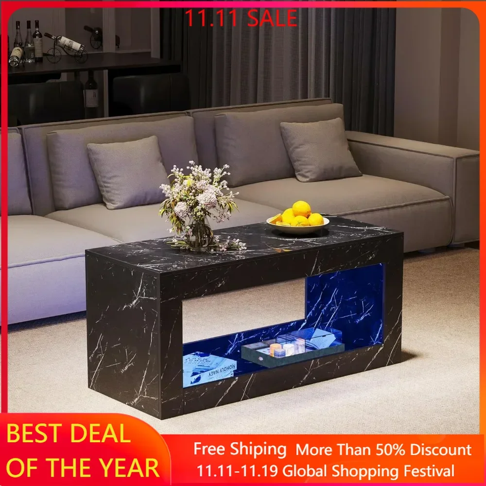 Coffee Tables, Modern High Gloss Marble Print Center Table with Open Storage and LED Lights for Living Room, Coffee Tables