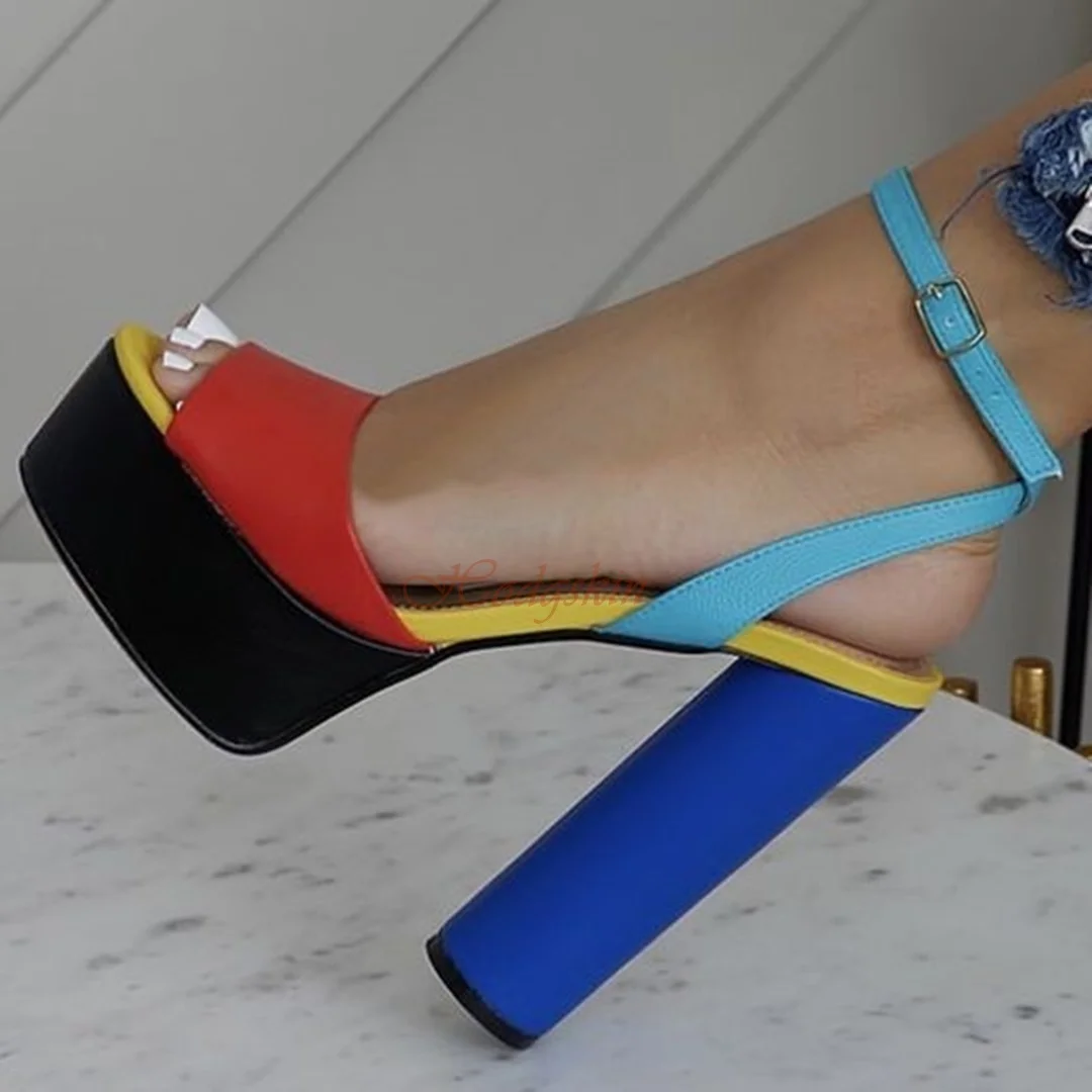 

Mixed Colors Peep Toe Sandals Platform Round High Heels Buckles Straps Sandals Summer Party New Style Big Size Shoes Patchwork