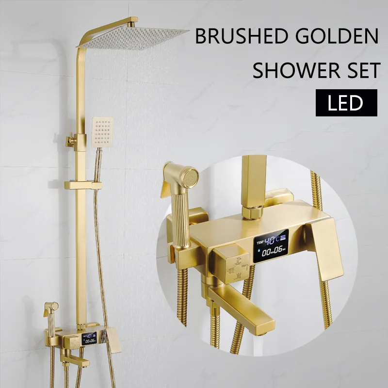 Rozin แปรงทองชุดฝักบัวติดผนังทองเหลือง 4 วิธีห้องน้ําก๊อกน้ําพร้อม Bidet น้ําร้อนน้ําเย็น TAP 1