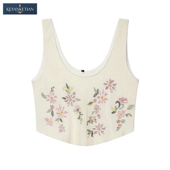 KEYANKETIAN 2026 Summer Boho Vacation Floral Embroidered Crop Cami Slim Fit U Neck, Picot Trim Strap Curved Hem Tank Top Vest