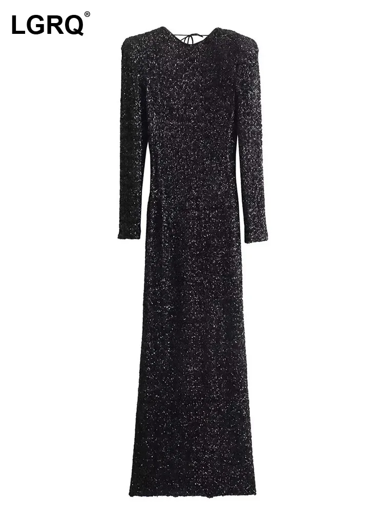 

LGRQ 2024 Spring Women's Wear Pullover Sequin Decorate Dresses Open Back Lace Up Patch Shoulder Pad Long Sleeved Dress 19Z2377