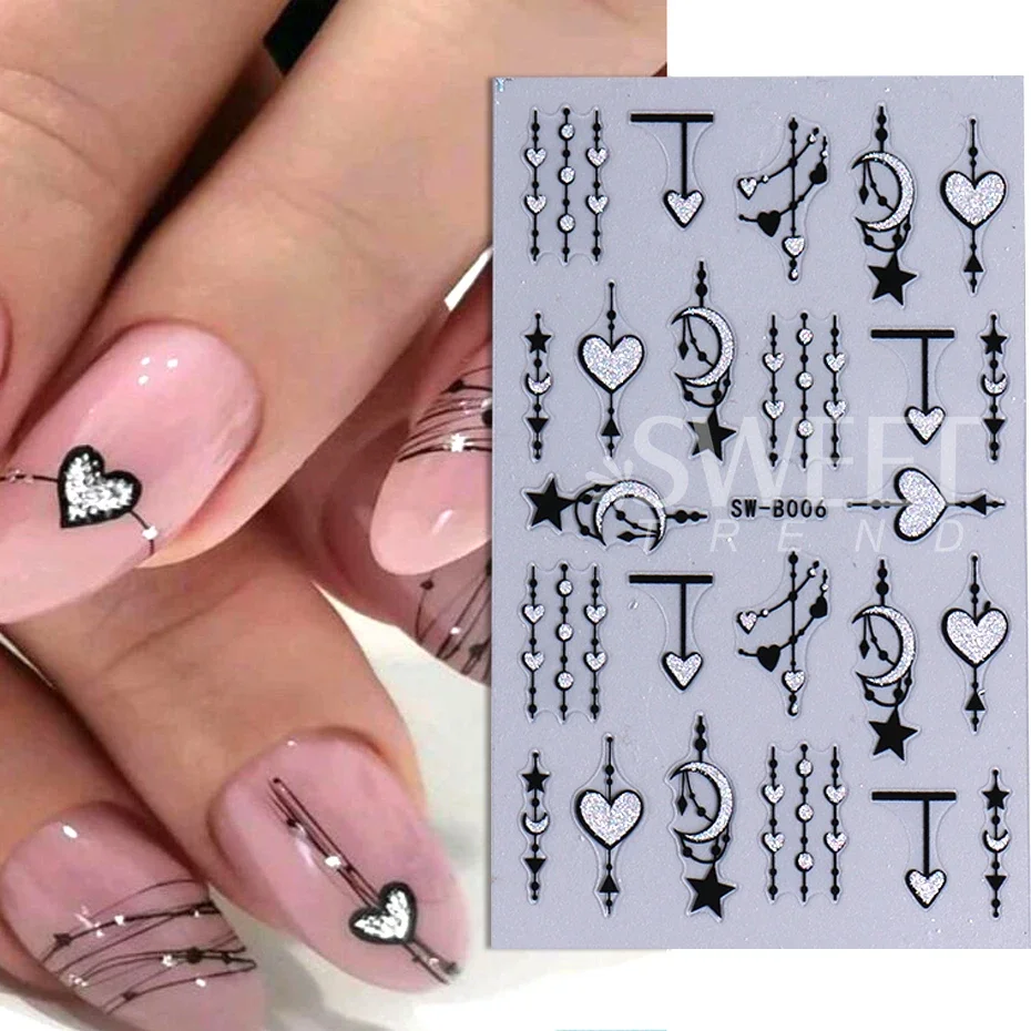 3/7pcs 3D Valentine's Nail Stickers Glitter Heart Love Star Self-Adhesive Slider Geometry Decals Manicure Accessories Decoration