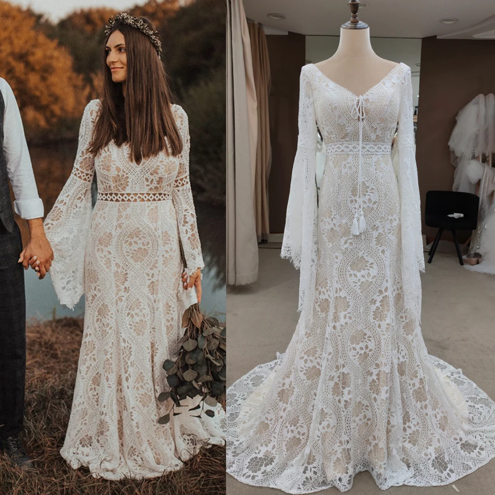 

Real Photos Long Batwing Sleeves Lace Wedding Dress Custom Made Plus Size Lace Up String Backless Bohemian Mermaid Bridal Gowns