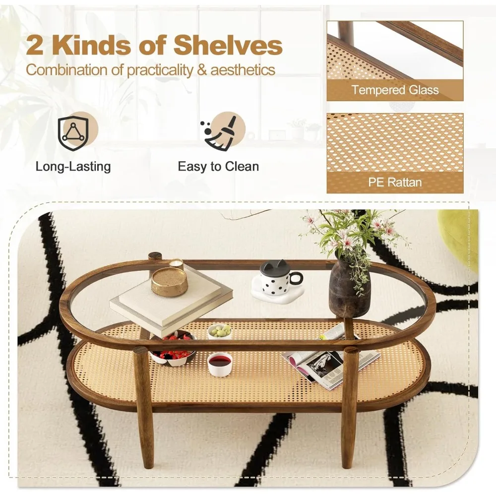 Rattan Coffee Table, 2-Tier Oval Acacia Wood Tea Table w/Tempered Glass Tabletop & PE Rattan Storage Shelf 6