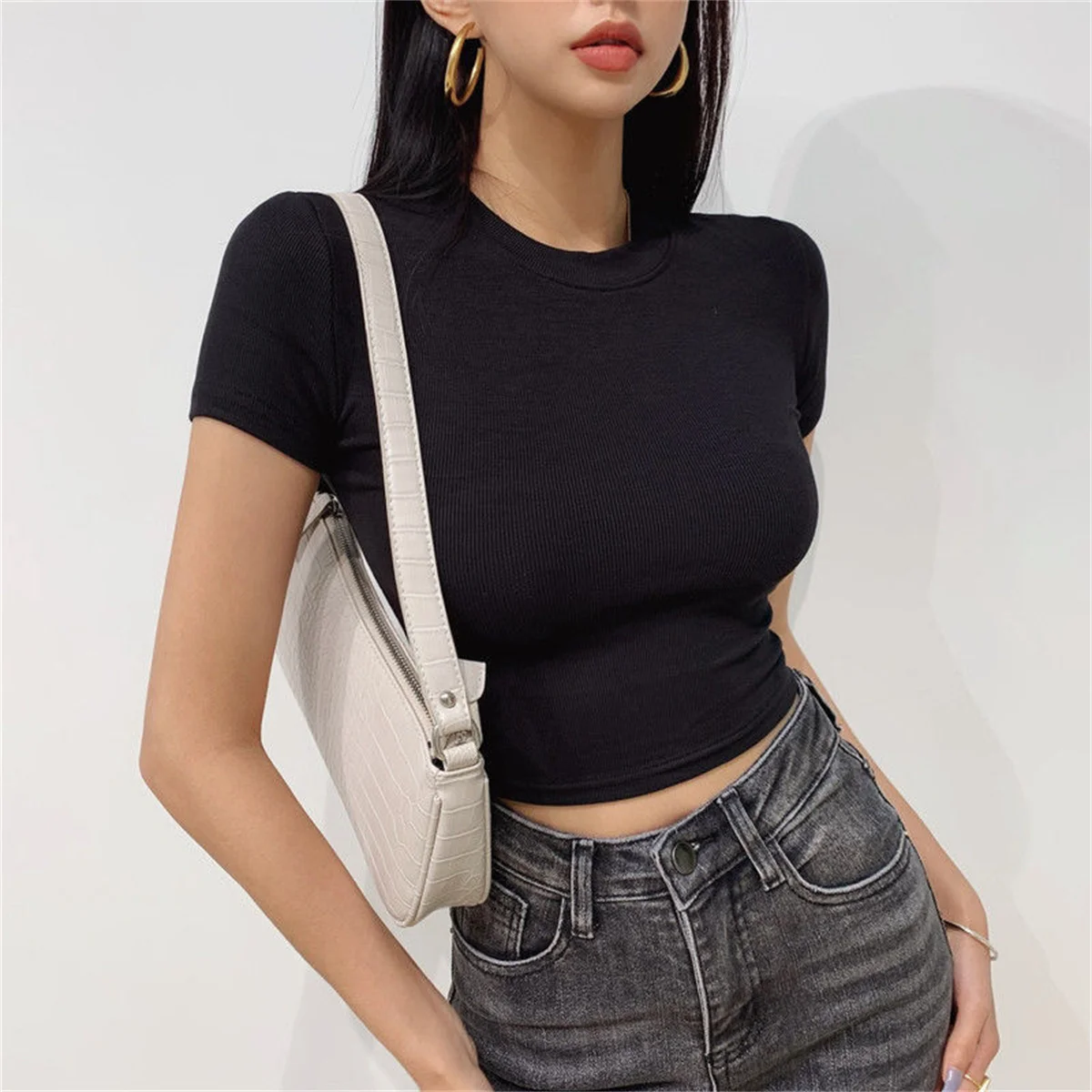 Summer Women's Short Sleeve Crop Top Solid Slim Fit Crew Neck Tee Basic Skinny Ribbed Tight Athletic Casual Workout Yoga Tshirt