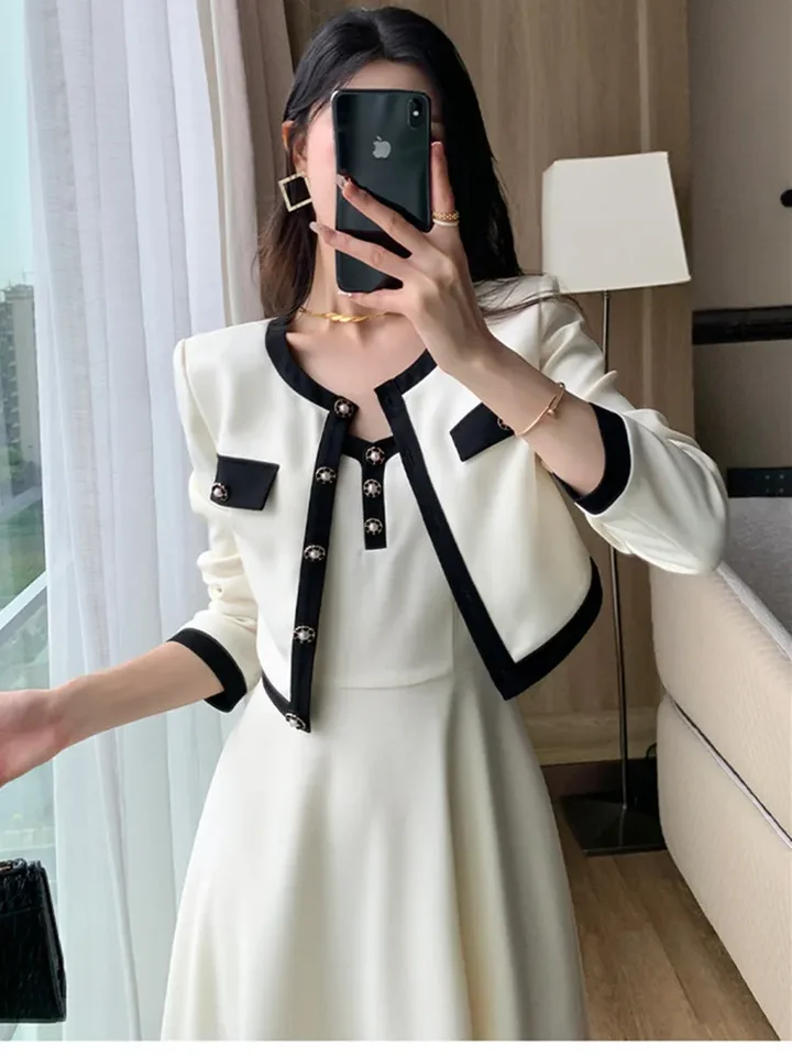 Elegant Lady Fashion Two Piece Dress Sets Autumn New Short Jacket