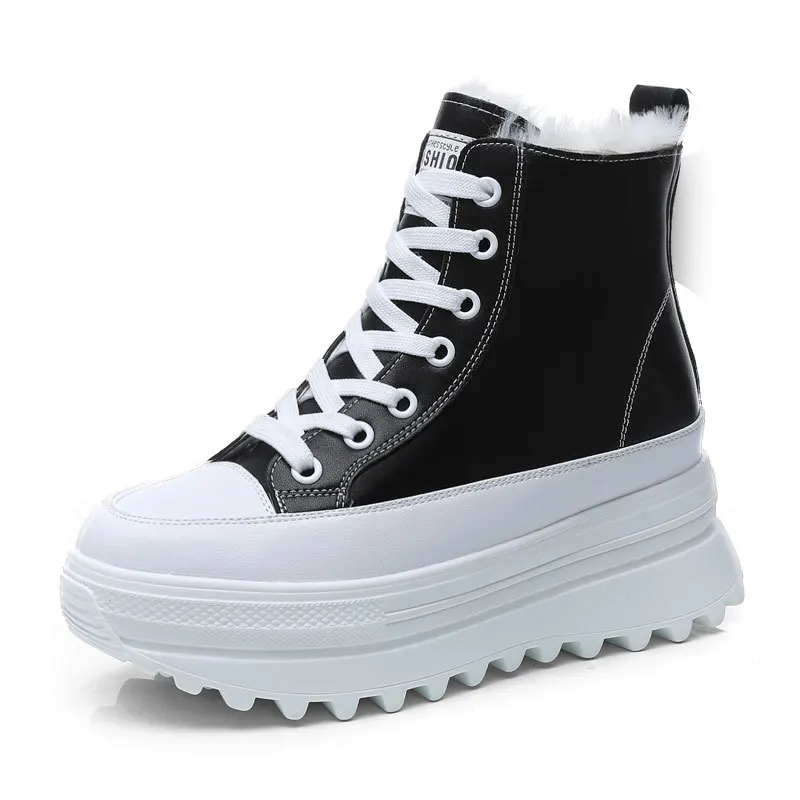 

7CM Genuine Leather Ankle Boots Casual Chunky Sneakers Winter Plush Boots Spring Autumn Platform Wedge Hidden Heel Women Shoes