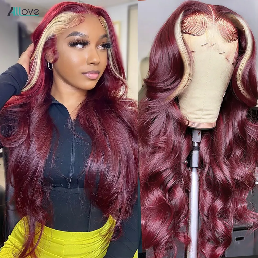 

Allove 99J Burgundy Colored Human Hair Wigs Glueless 13x4 HD Lace Frontal Wig Highlight 613 Blonde Body Wave Lace Front Wigs