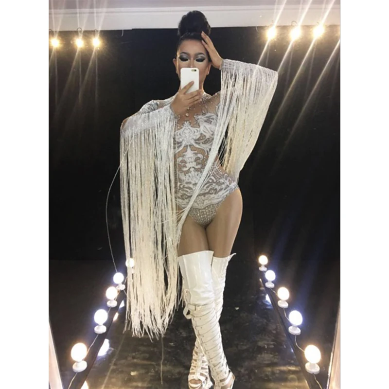 

New Sexy Female Singer Stage Costume Women Jumpsuits White Tassel Dance Outfit Jazz DJ DS Show Wear Performances Bodysuits