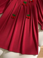 Robe unie pour filles avec col Peter Pan contrastant et décoration cerise, jupe trapèze douce et ample pour les fêtes quotidiennes 6