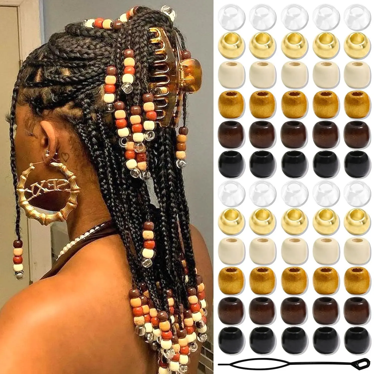 60Pcs Transparent Hair Beads + Wooden Dreadlock Beads with Beading Tool Set - DIY Jewelry Accessories