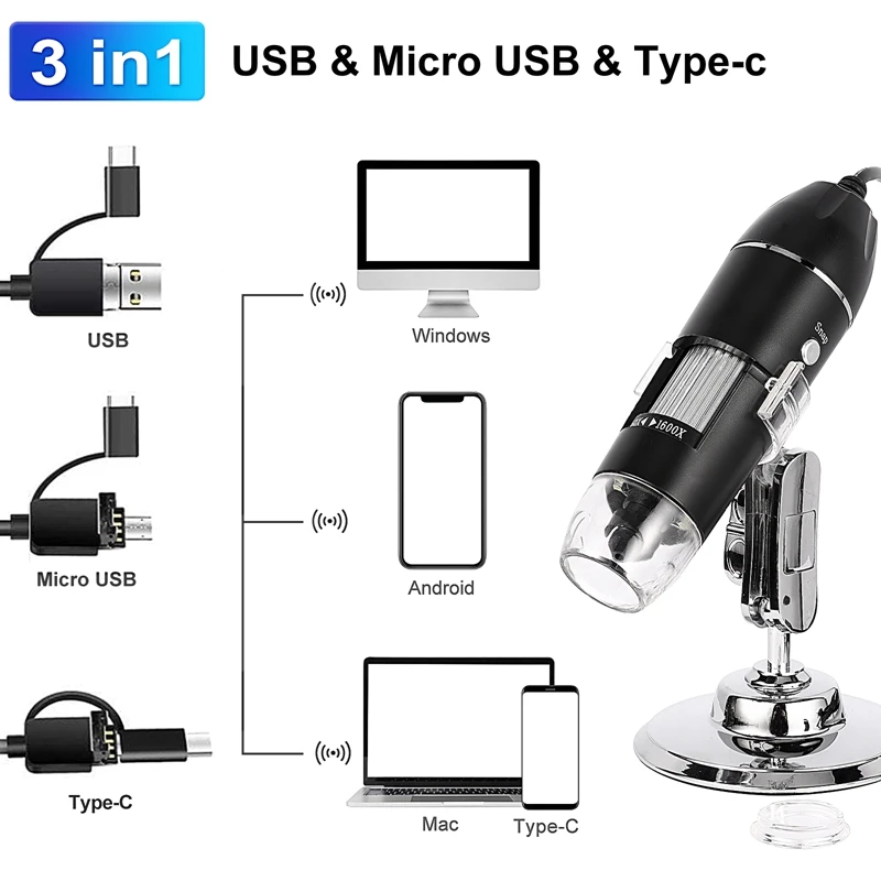 1600X 3-in-1 Digital Microscope Camera Portable LED Magnifier with Type-C USB Charging 5
