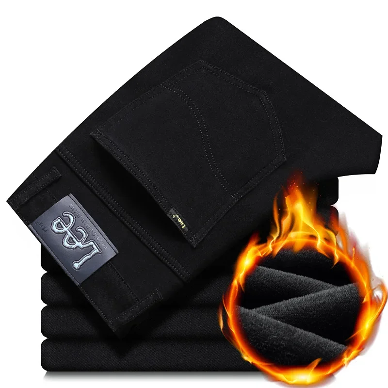 Lee Dexjeans hommes doublé polaire épaissi noir hiver chaud jambe droite coupe ample mi-âge affaires décontracté élastique