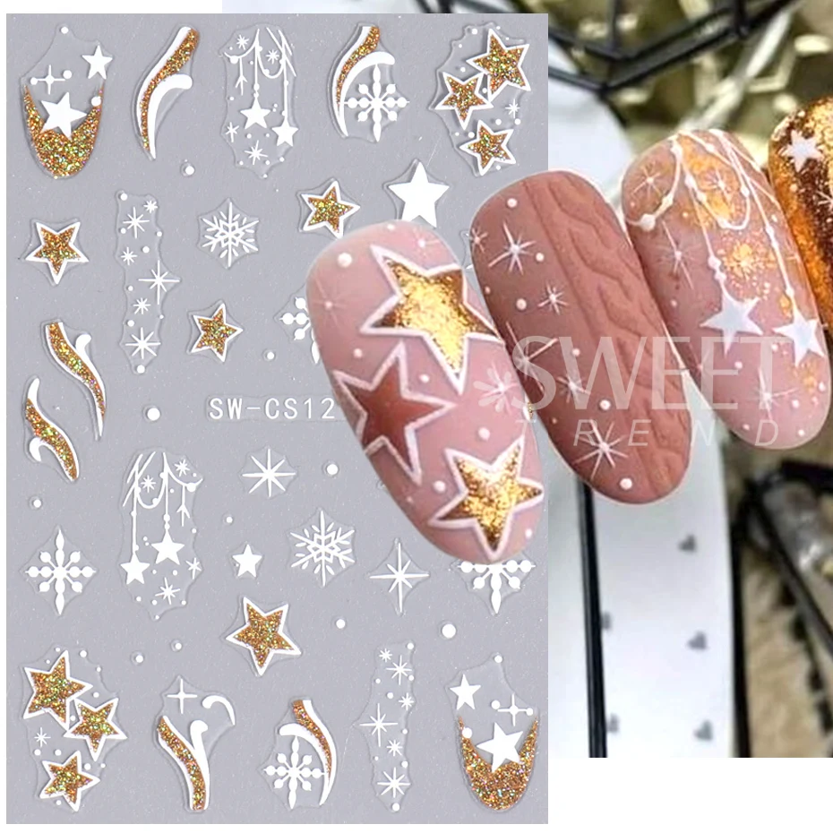 3D Blue Gold Glitter Christmas Nail Art Sticker Snowflake Star Bow Bell Wine Glass Gift Winter Xmas New Year French Manicure Tip 3