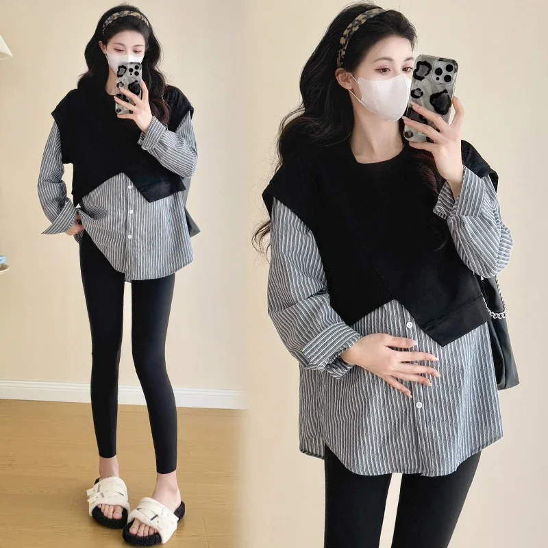 Spring Wear Versatile Slimming Patchwork Shirt Faux Two-Piece Set Maternity Long Sleeve Shirt Blouse