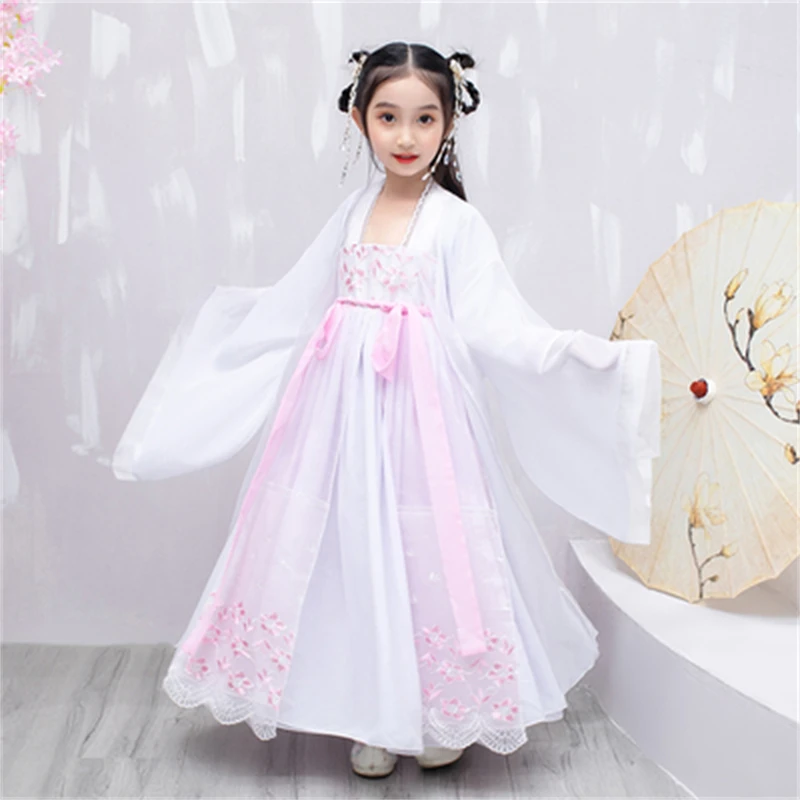 

Princess Chinese Style Skirt Girls Children Costume Autumn Kids Floral Embroidery Hanfu Dress