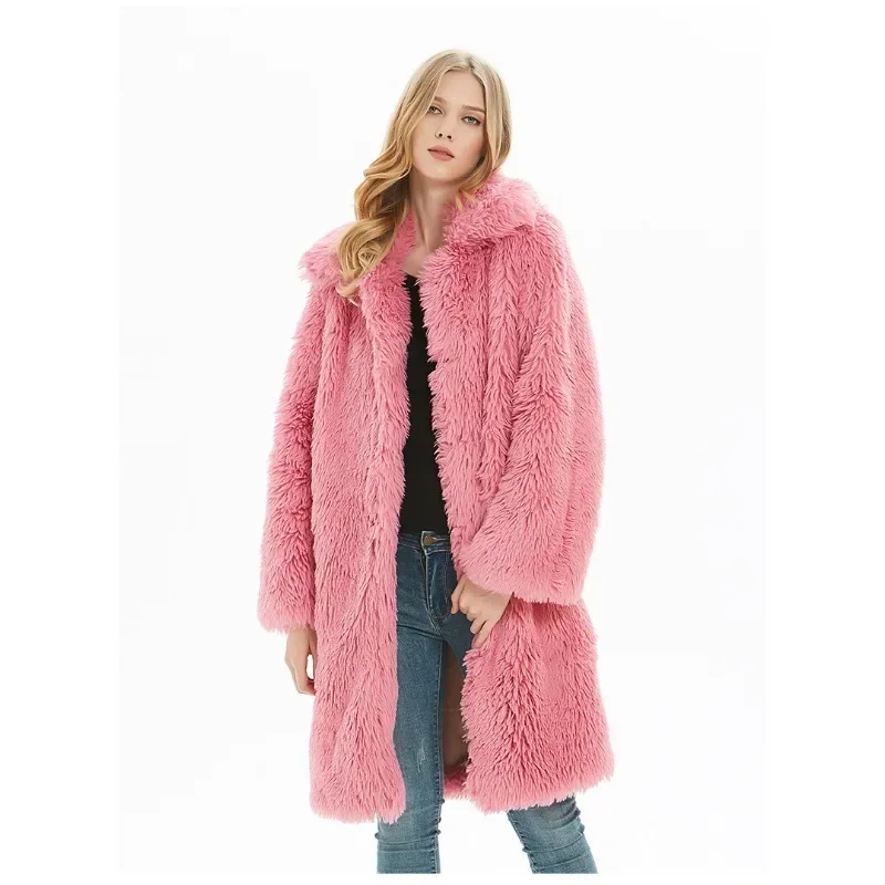 Faux Fur Women Lapel Coat Autumn Winter Plush Warm Long Jacket