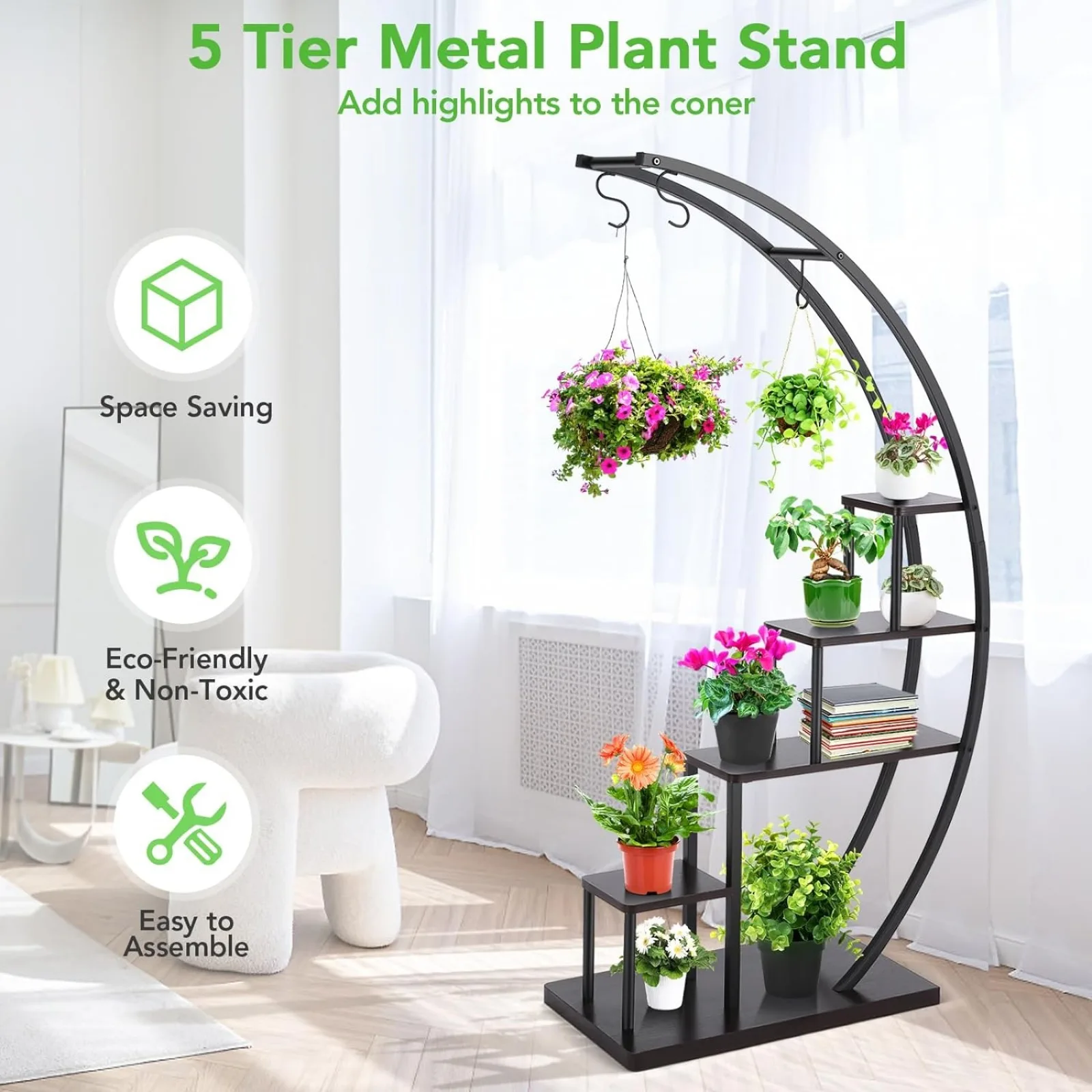 US Homdox 5 Tier Metal Plant Stand Indoor, Tall Half Moon Plant Stands, Heart Shape Flower Pot Shelves for