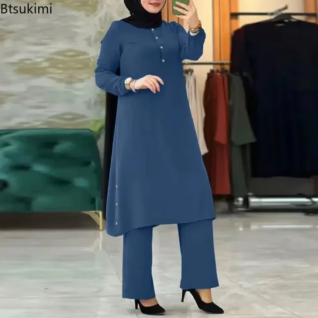 Chemisier arabe pour femmes musulmanes, ensembles assortis, survêtement élégant pour femmes, chemise unie décontractée + pantalon à jambes larges, costume, vêtements modestes 1